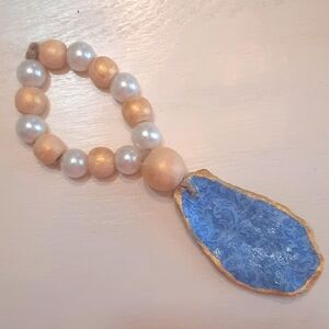 Floral Blue &  Gold Decoupage Oyster Shell Beaded Accents #958